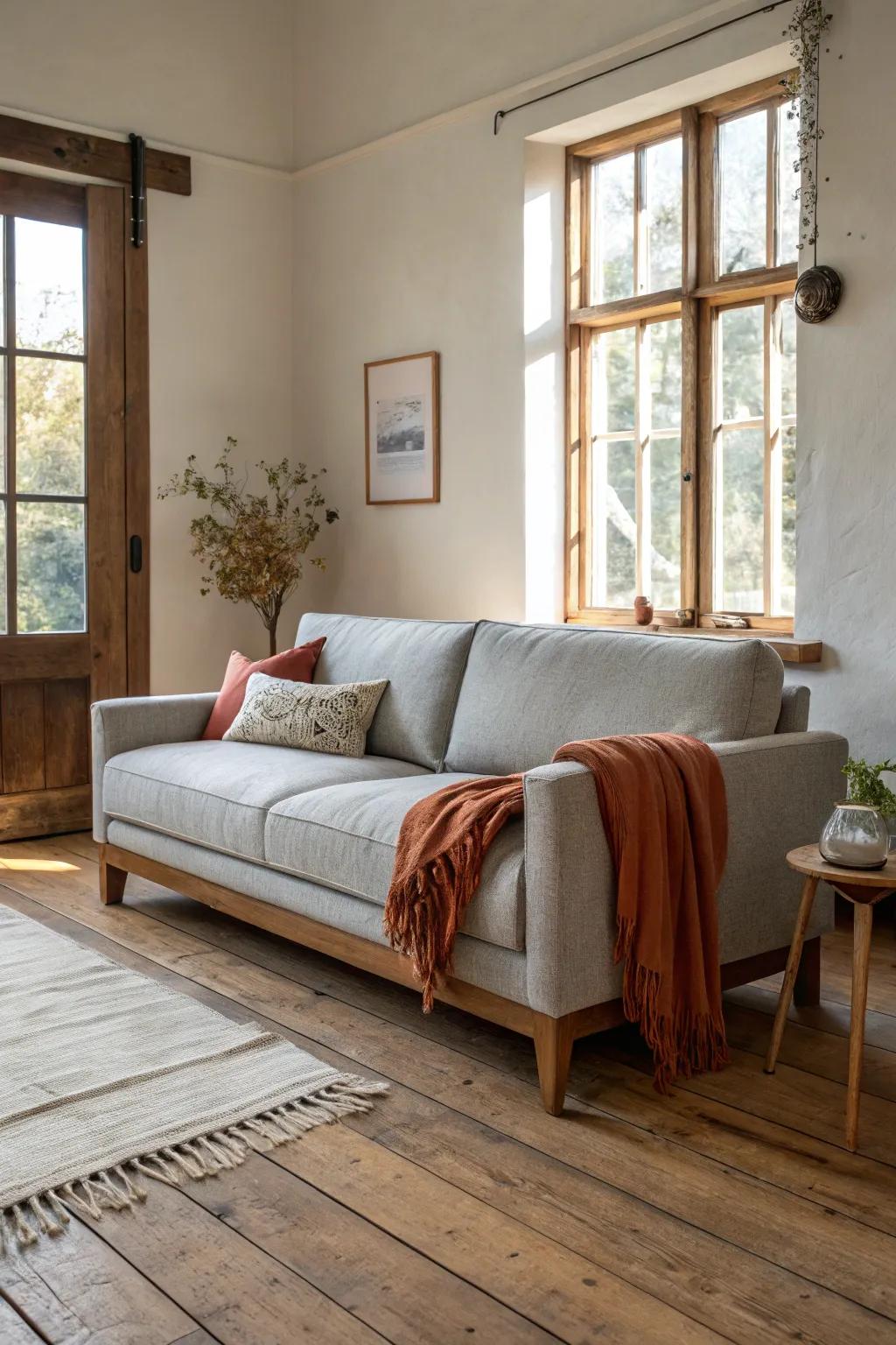 Let a grey sofa anchor honey, walnut, and weathered wood tones for effortless rustic balance.