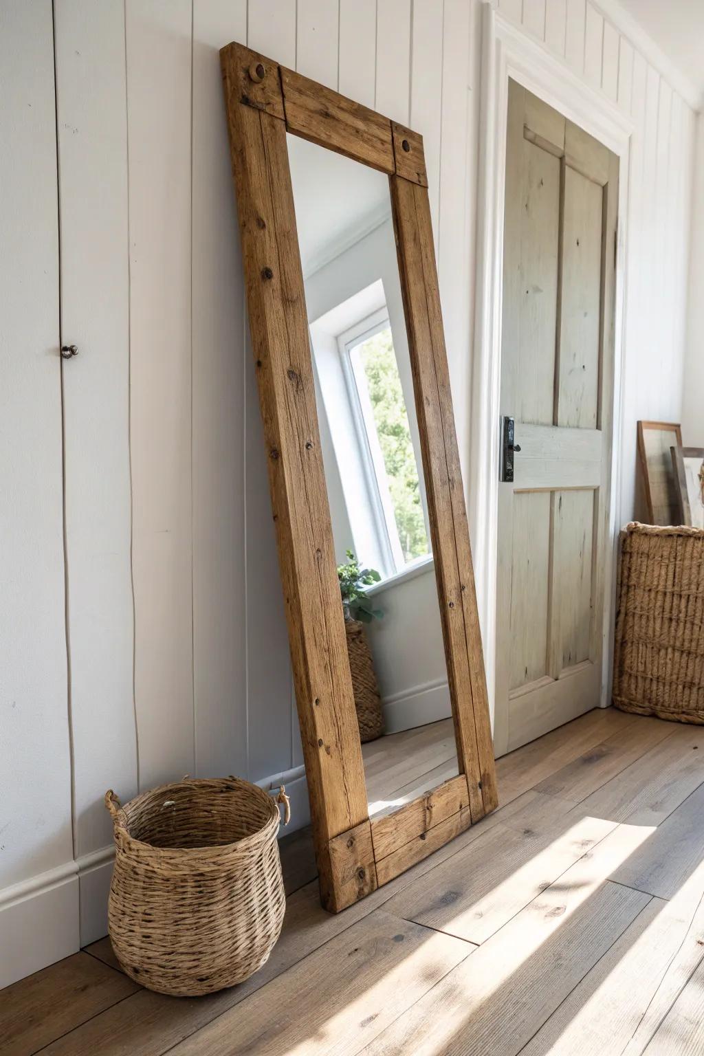 Rustic leaning mirror with a chunky distressed wood frame—brightens and widens any hallway.