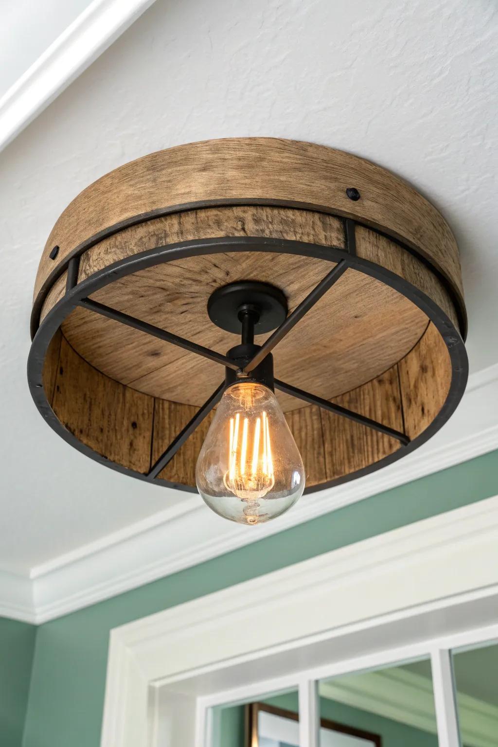 Rustic flush-mount glow: warm oak + matte black metal for a calm, crafted kitchen vibe.