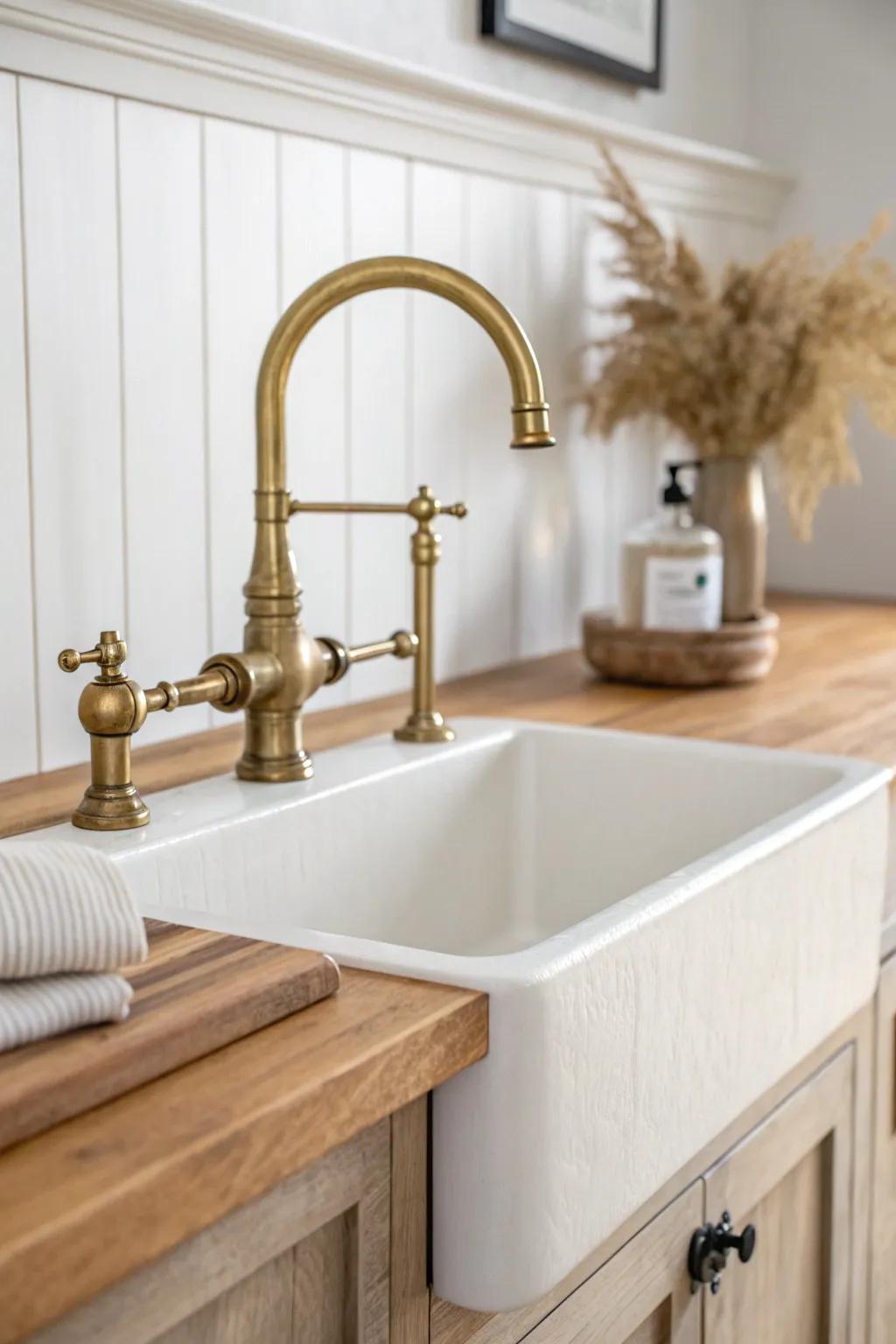Bridge-style brass faucet + farmhouse sink: instant rustic charm with clean Scandinavian warmth.