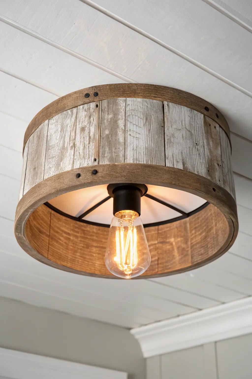 Rustic flush-mount wood ring light: distressed timber + matte black frame, cozy warm glow.