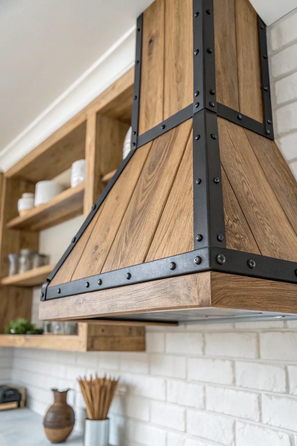 Warm mixed-wood range hood with matte black metal trim—modern rustic craftsmanship in one piece.