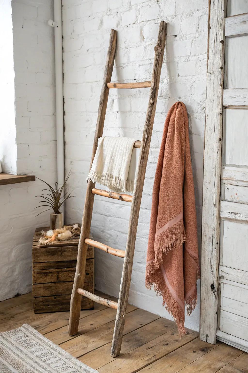 Vintage ladder turned textile rack—weathered wood, matte finish, and cozy boho hues.