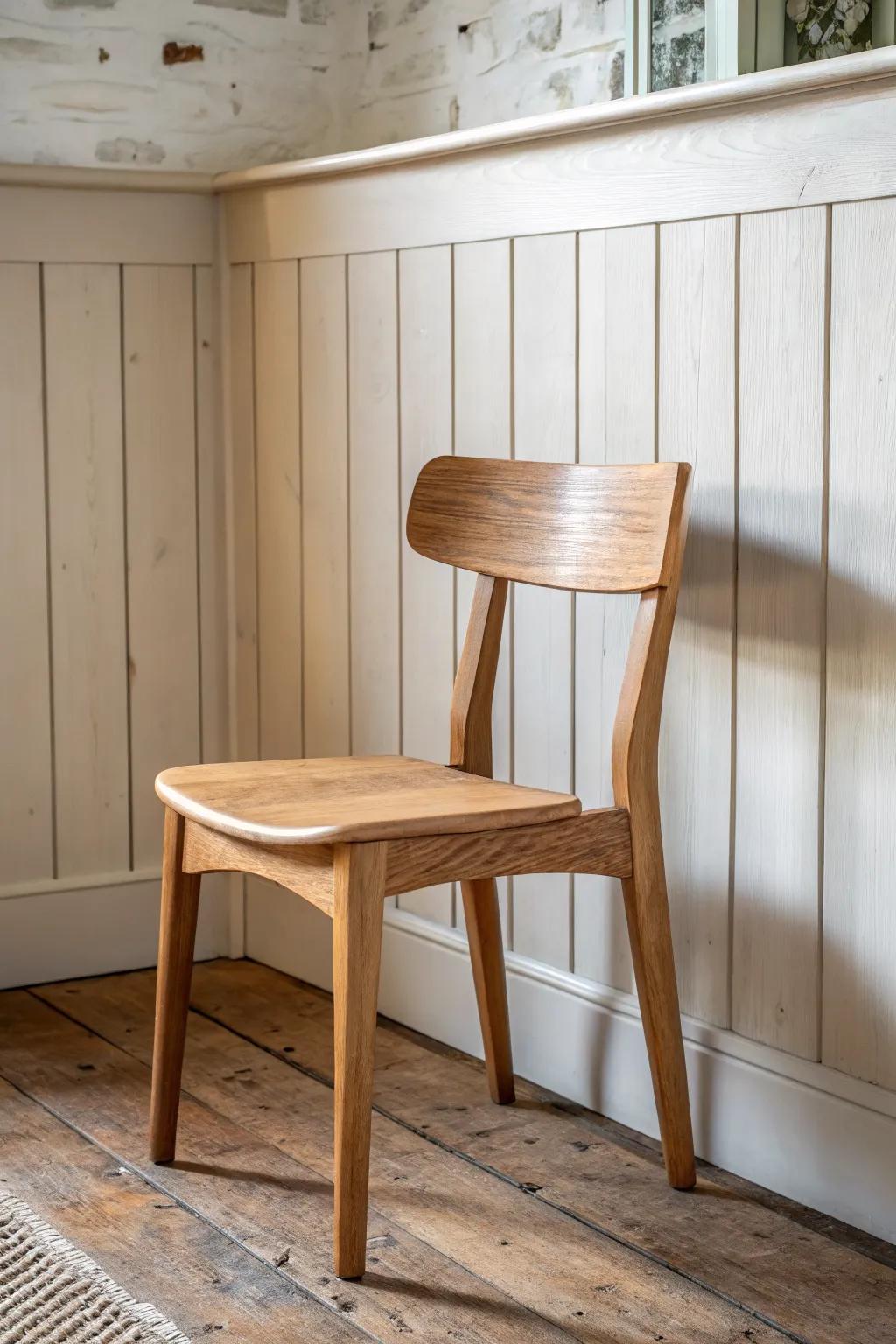 Rustic half-wall shiplap wainscoting brings farmhouse charm without overwhelming the space.