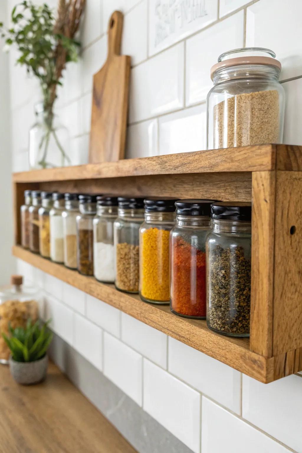 Rustic mason-jar spice shelf: slim one-row depth, warm wood, and bold spice colors.