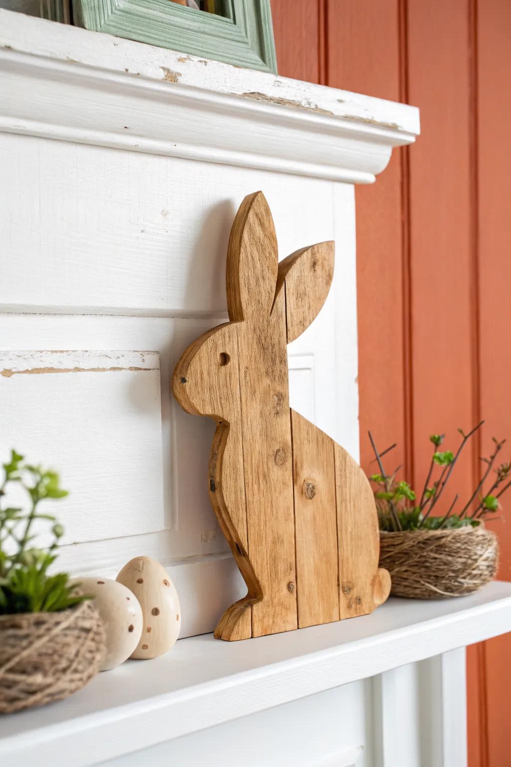 Rustic wood bunny cutout with visible grain—an easy spring accent for minimalist shelves.