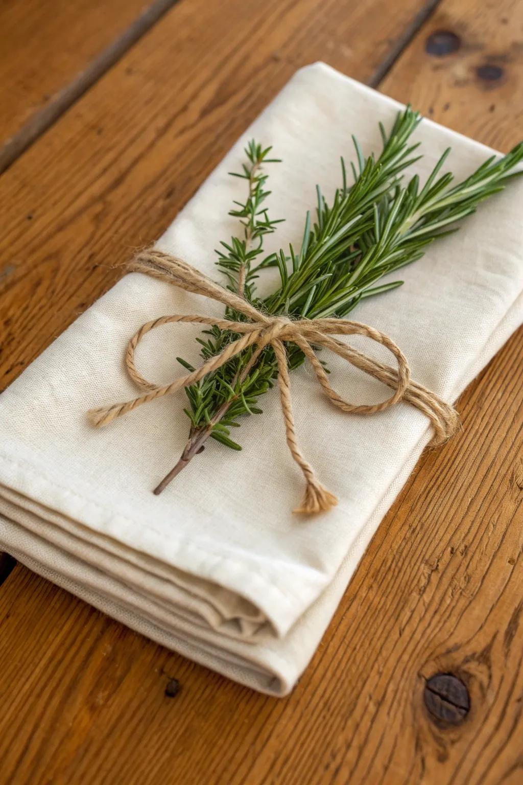 Linen napkin tied with twine and fresh herbs—an easy rustic detail that feels elevated.