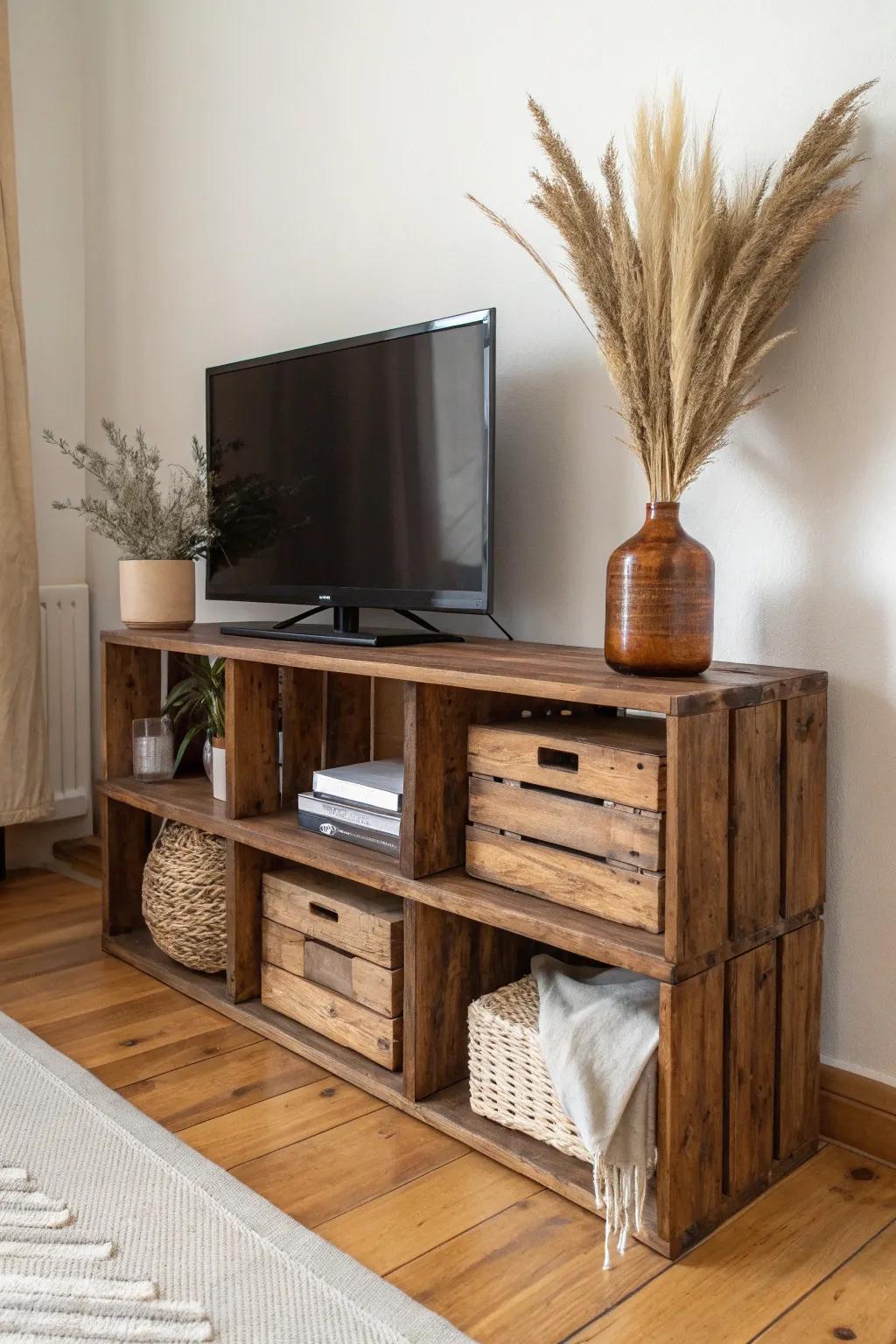 Crate cubby TV stand with rich walnut stain—flexible rustic storage, clean minimal style.