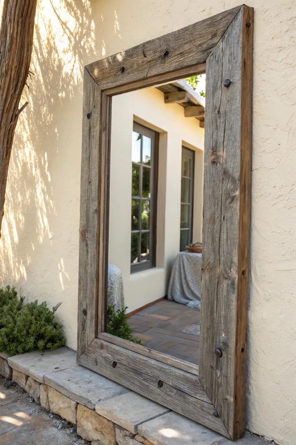 Barnwood-framed mirror: rustic texture meets bright, minimalist calm with bold contrast.
