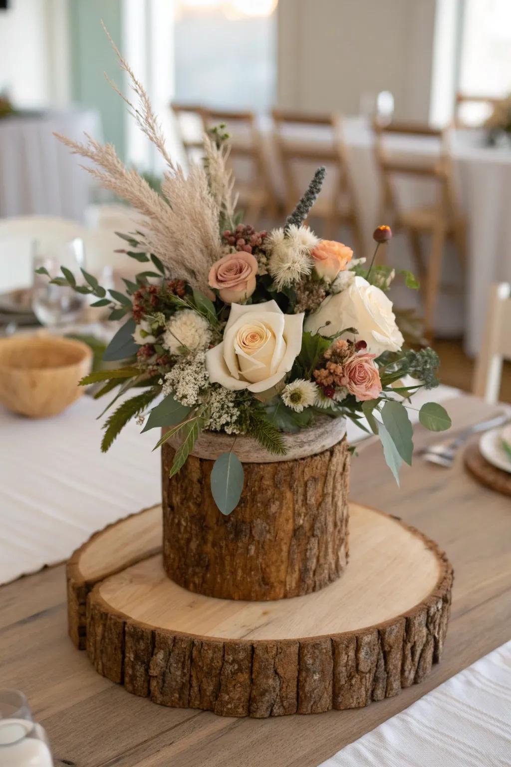 Sanded stump riser + wide low florals for a forest-inspired rustic centerpiece with warm glow.