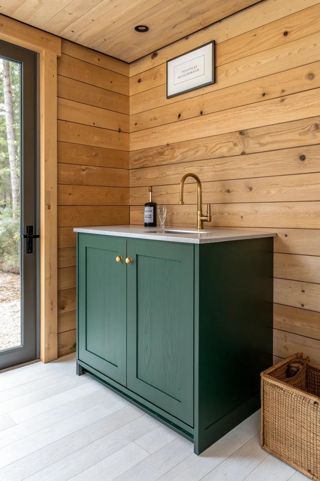 Sealed shiplap backing + a bold green wet bar—rustic texture that stands up to splashes.