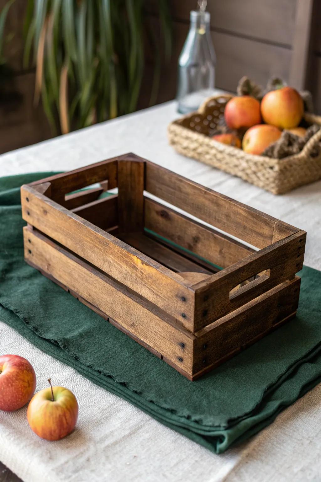Upside-down stained wooden crate riser—simple winter wedding centerpiece height with rustic charm.