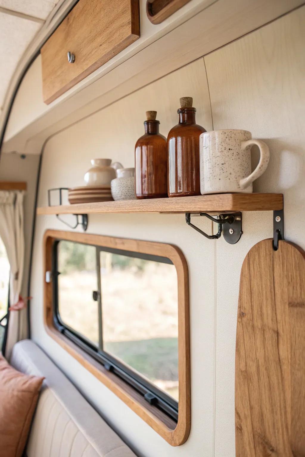 Floating oak shelf bar: bottles and mugs up top, counter clear—made road-trip sturdy.