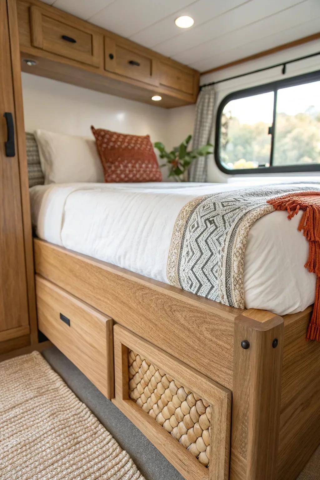 Swap plastic for pine casing—this slide-out RV bed trim upgrade looks custom and cozy.