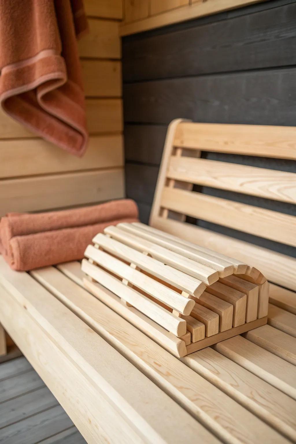Elevate your sauna bench with a smooth wooden headrest—minimal, cozy, and handmade.