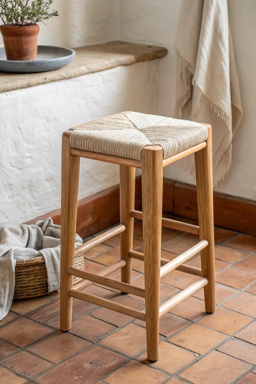 Light oak legs + woven seat: the simplest way to soften Scandinavian kitchens with texture.
