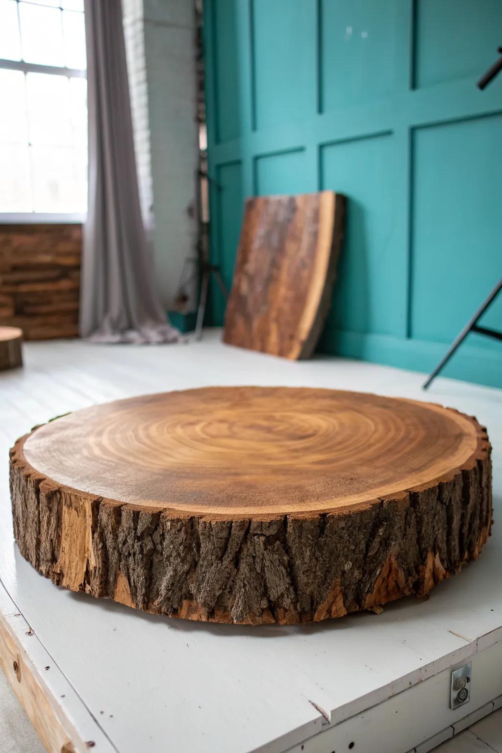 Live-edge slab base: rustic grain meets modern minimalism—ready to elevate any sculpture.