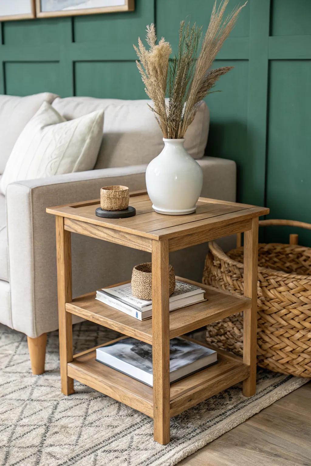 Two-tier end table styling: calm top, hidden storage below—perfect beside a sectional.