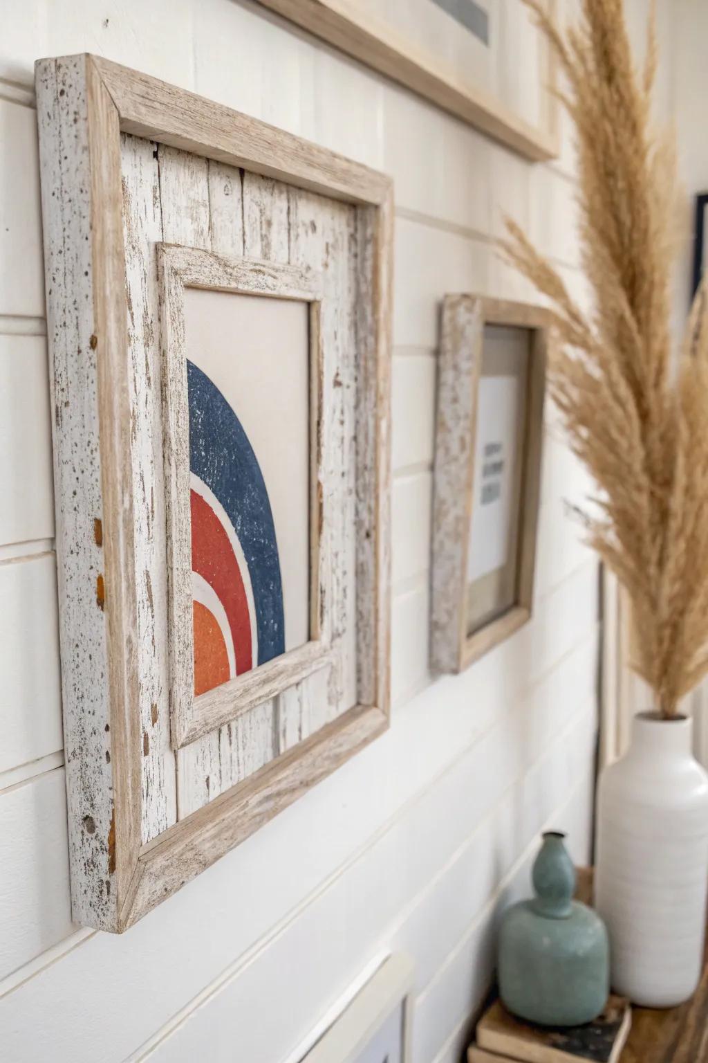 A single distressed wood frame adds shabby‑chic charm with bold color in a calm entryway.