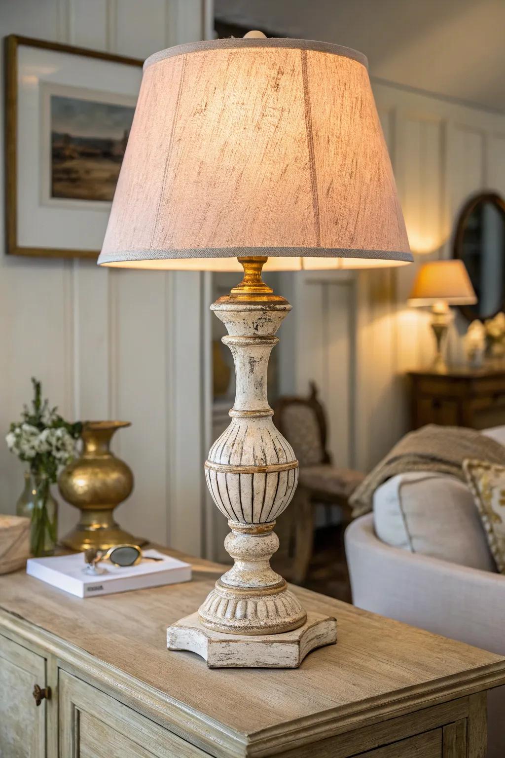 Ornate thrifted lamp glow—soft patina, warm light, and a romantic shabby chic desk moment.