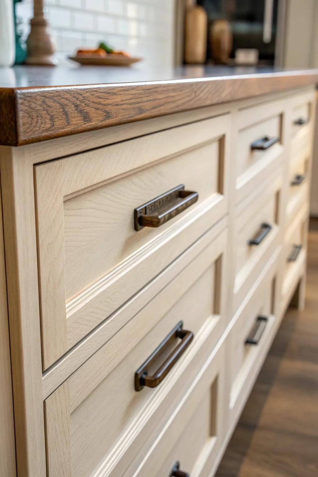 Oil-rubbed bronze pulls add classic depth to creamy Shaker fronts—quietly luxe and grounded.