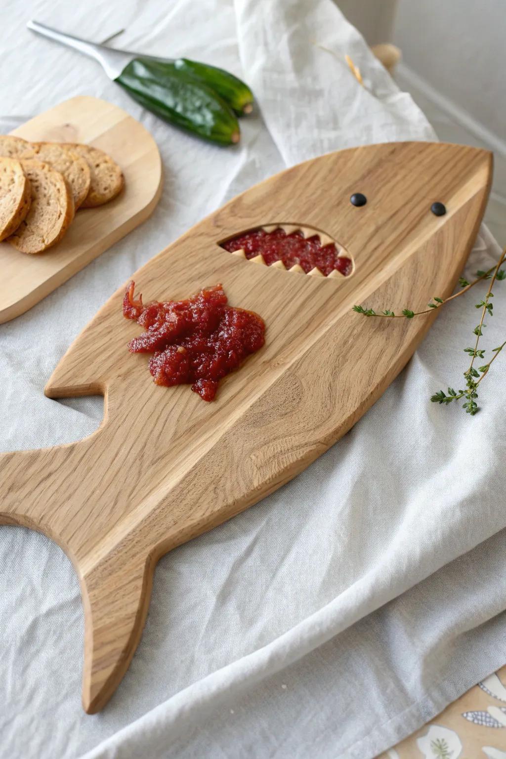 A thin swipe of red “chum” jam makes the shark bite pop—bold, polished, and craft-forward.