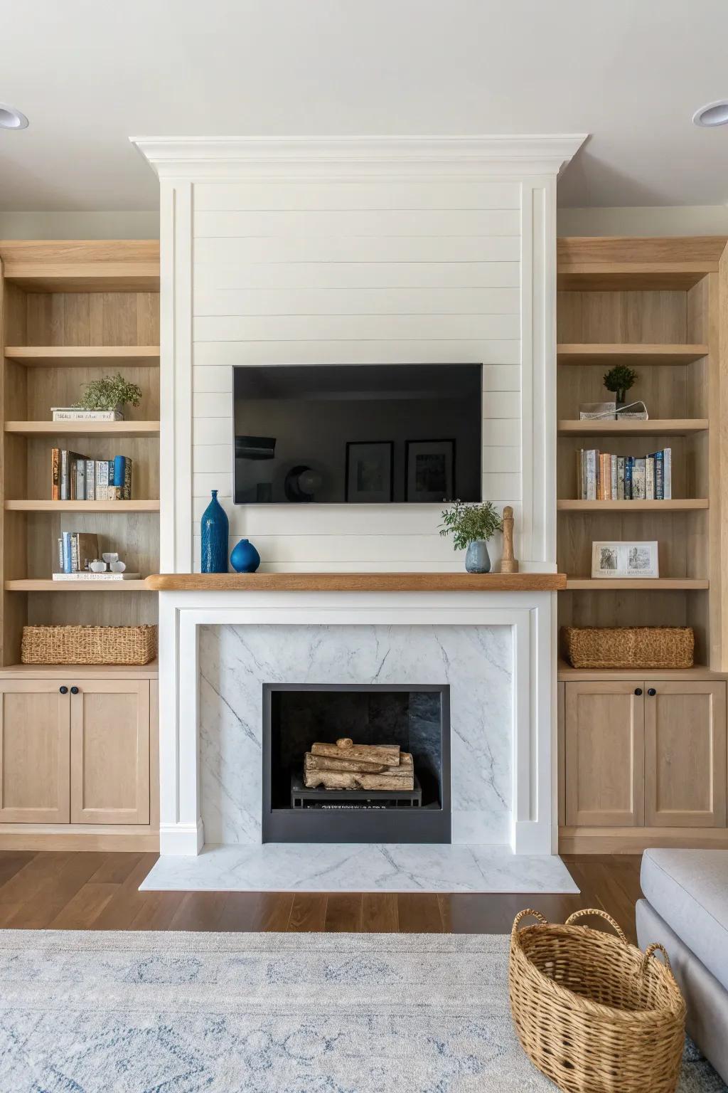Symmetrical oak shelves framing the fireplace—an instant calm, high-end look for your living room.