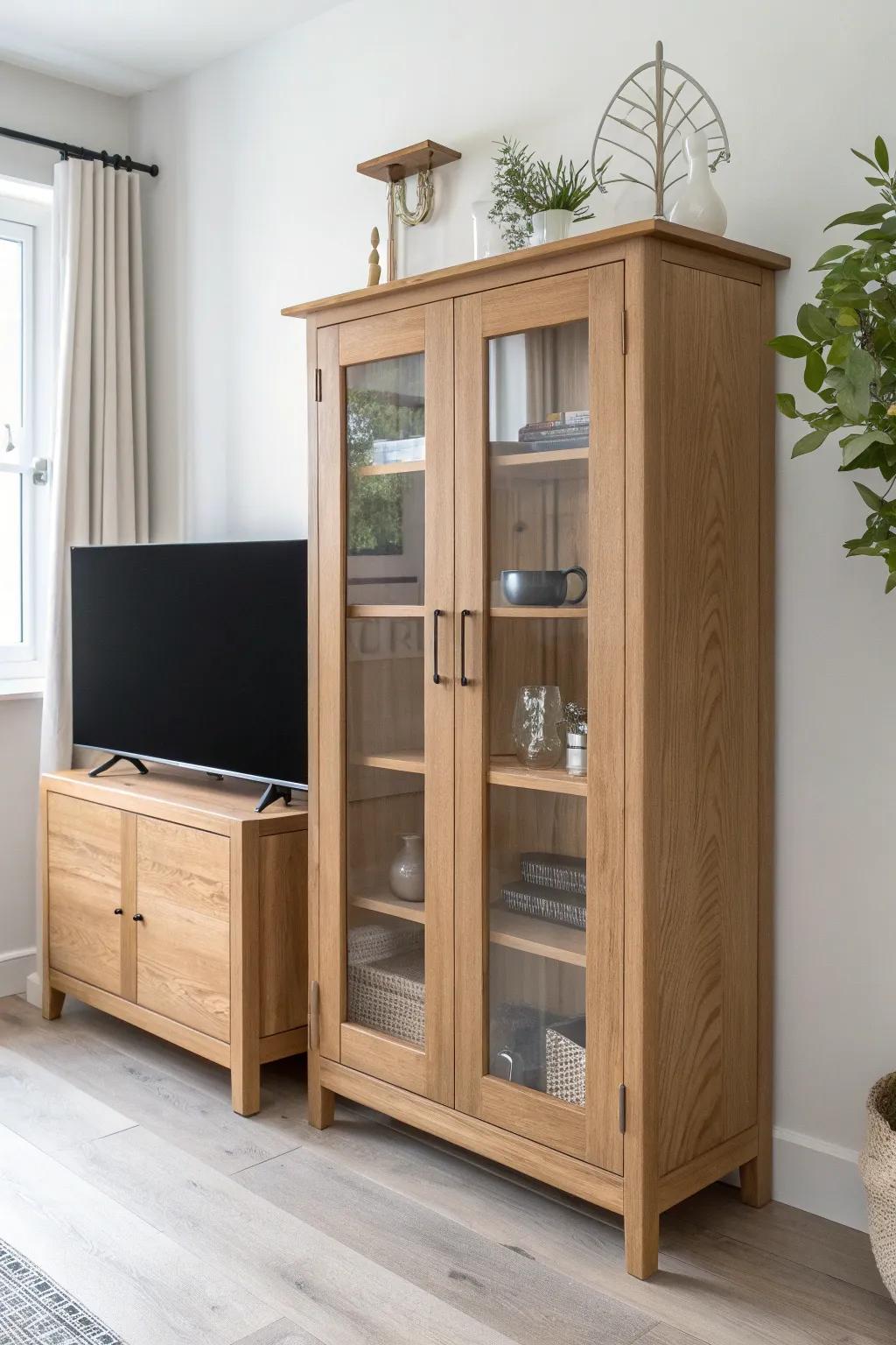 Glass-front side cabinet + top shelf: curated pottery storage that stays dust-free by the TV.