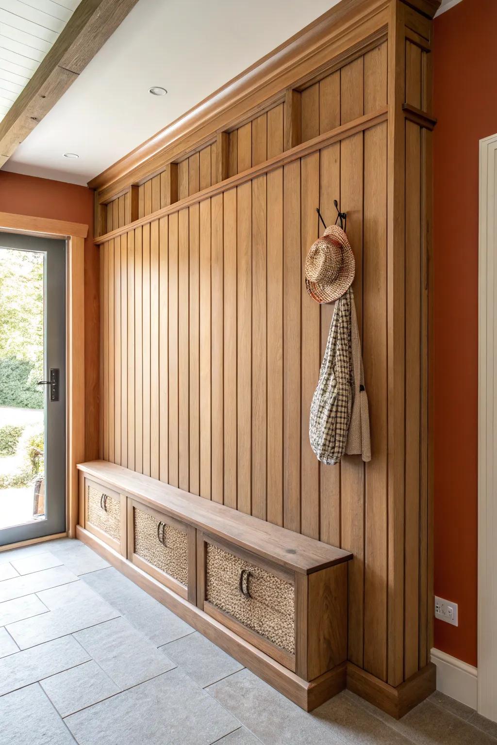 Vertical shiplap adds height and makes even the narrowest mudroom feel designed.