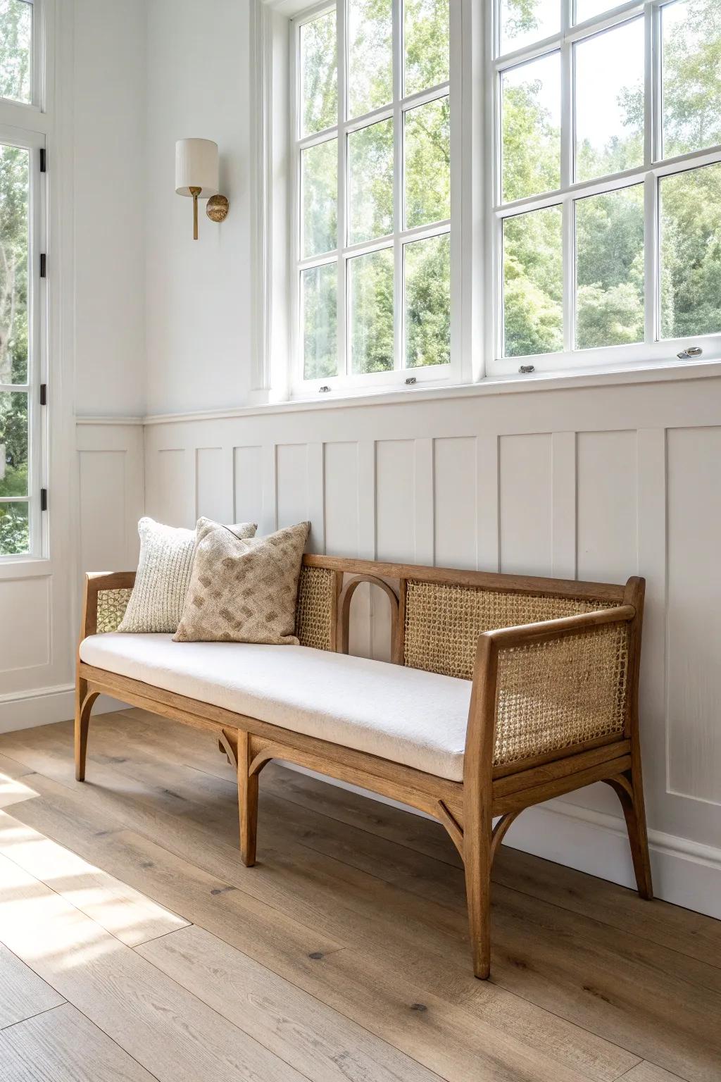 White shiplap wainscoting + terracotta upper wall—bright, durable sunroom style.