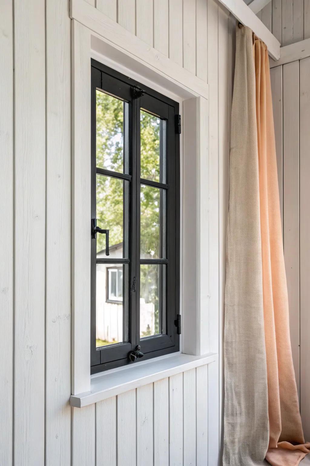 Seamless shiplap-to-casing window trim with crisp reveals and warm oak contrast.