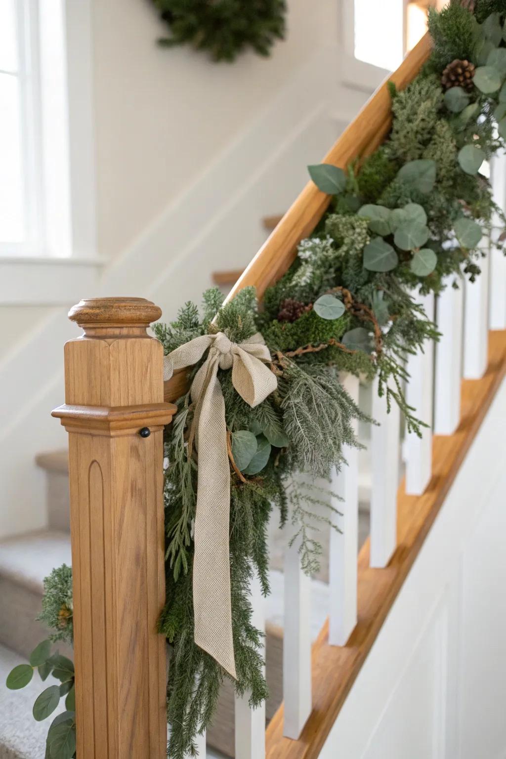 Airy eucalyptus and evergreen garland softens a warm wood banister—simple, woodsy, chic.