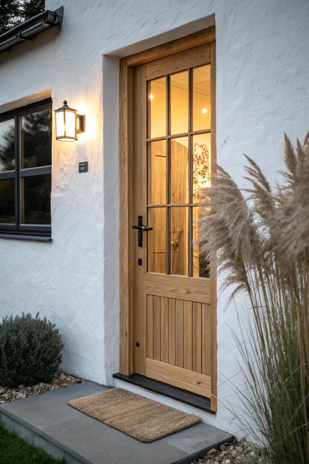 Clear glass + simple grid lines: a timeless single front door that glows warmly at night.