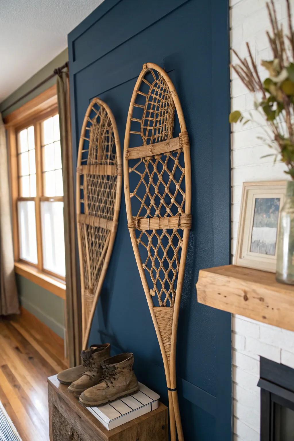 Vintage snowshoes as wall art: bold contrast, warm wood texture, and instant ski‑lodge charm.