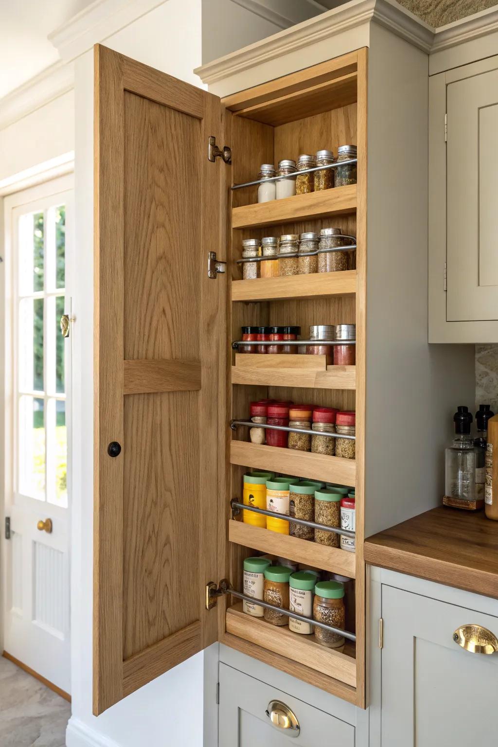 A tall skinny upper cabinet keeps spices and tea visible, organized, and beautifully off the counter.
