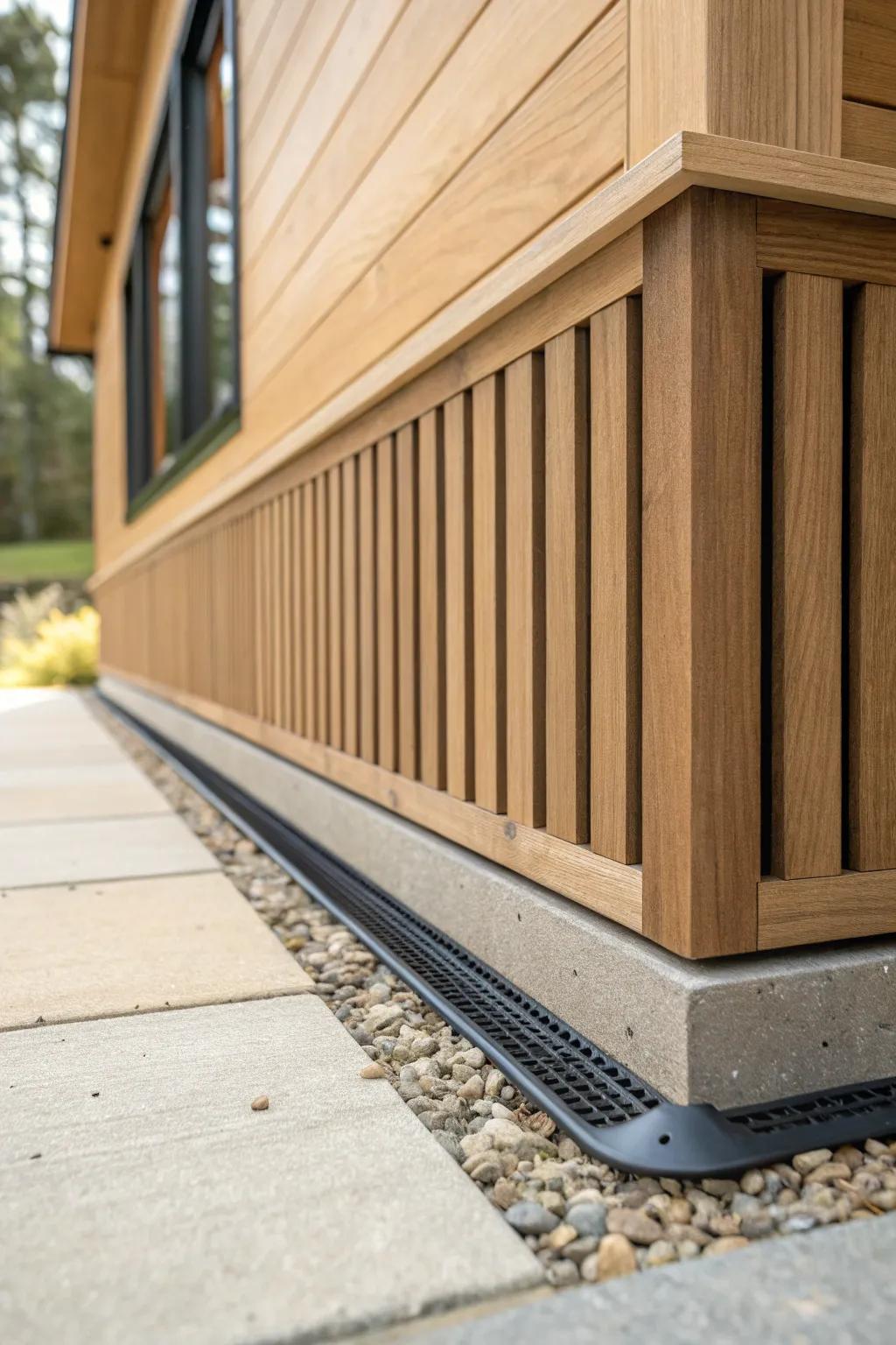 Low-maintenance vented skirting: clean wood slats, bold mesh vents, and a dry drip-edge detail.