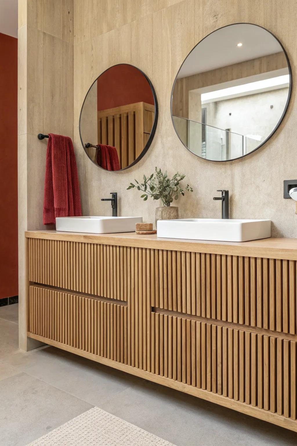 One continuous oak slat panel unifies a double vanity—pre-drilled outlet cutouts keep it flawless.