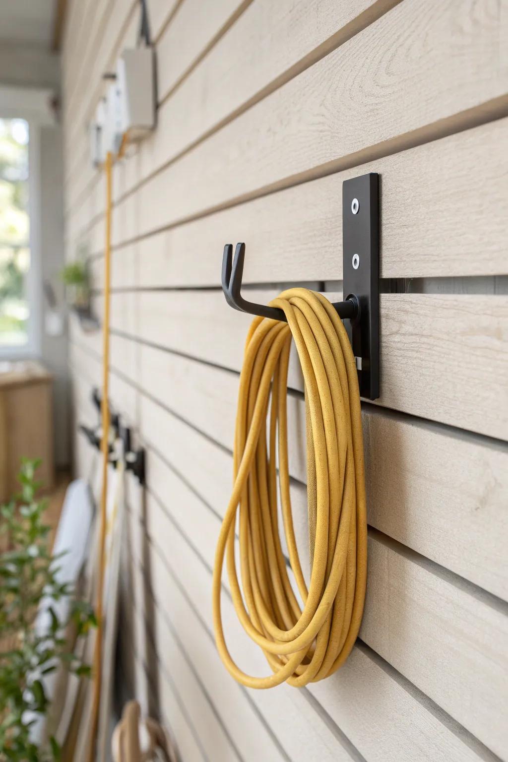 Bold slat-wall utility hook for perfectly coiled hoses and cords—minimal storage, max calm.
