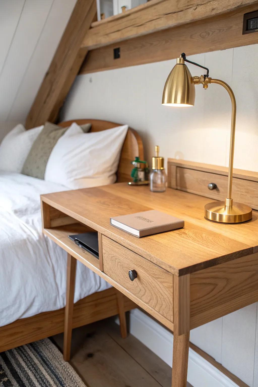 A slim oak desk nook under the loft—warm sconce glow makes it feel like a tiny studio corner.