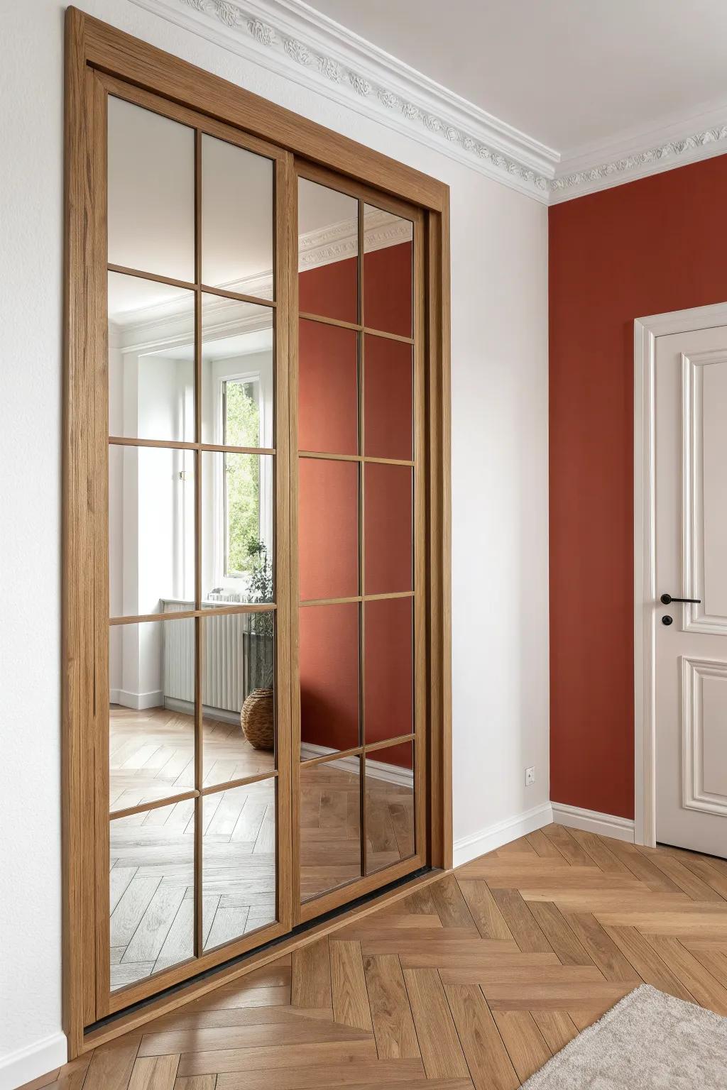 Turn dated mirrored sliders into chic windowpane doors with a slim oak trim grid.