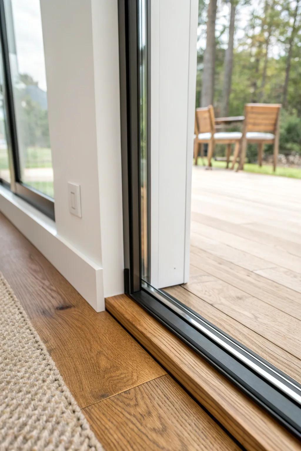 Warm natural stain trim matched to wood floors for a seamless, cozy sliding door frame.