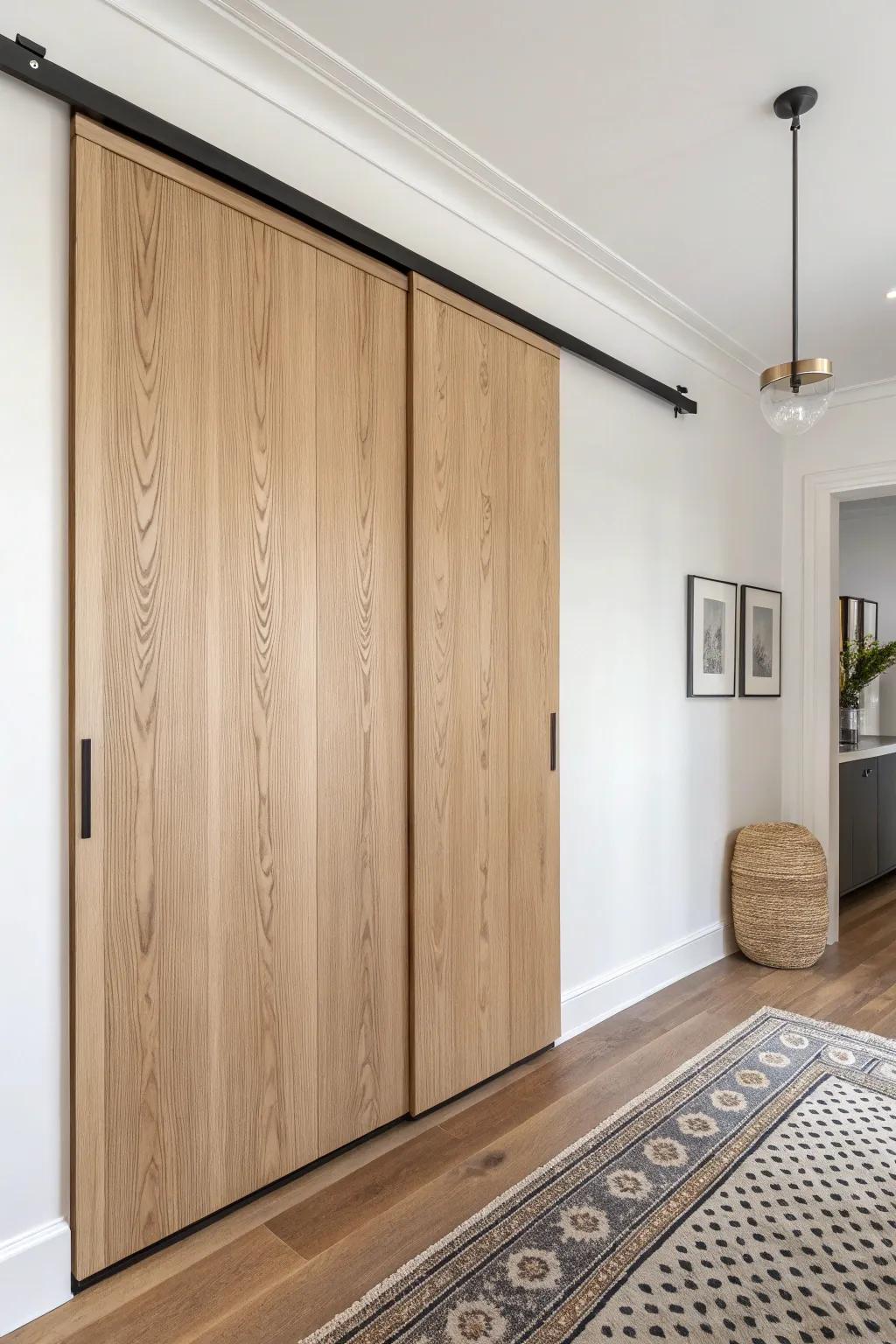 Wide oak sliding panel hides a loud closet—clean trim match, calm architecture, bold accents.