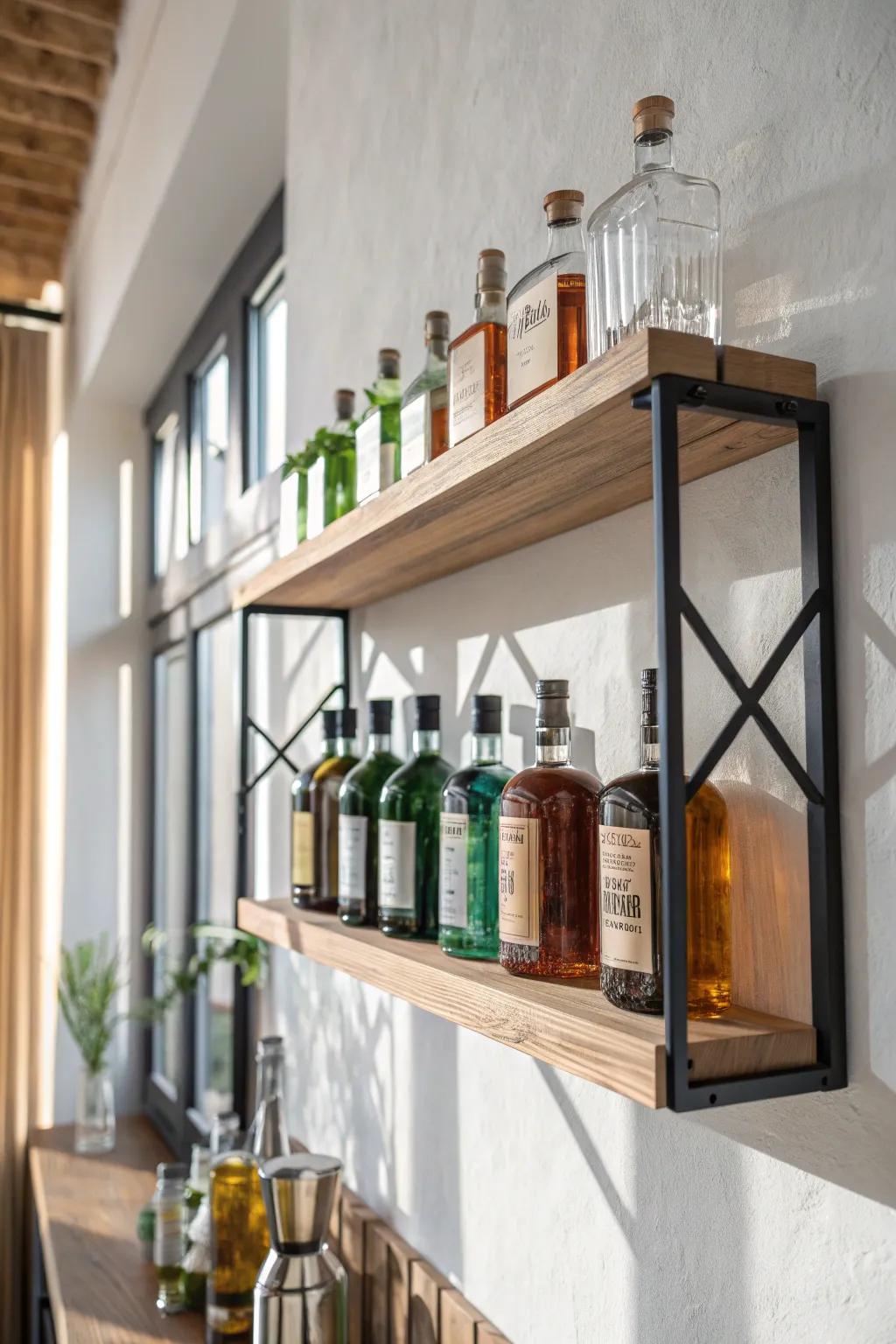 A slim oak-and-black-metal back bar shelf that turns bottle storage into a statement.