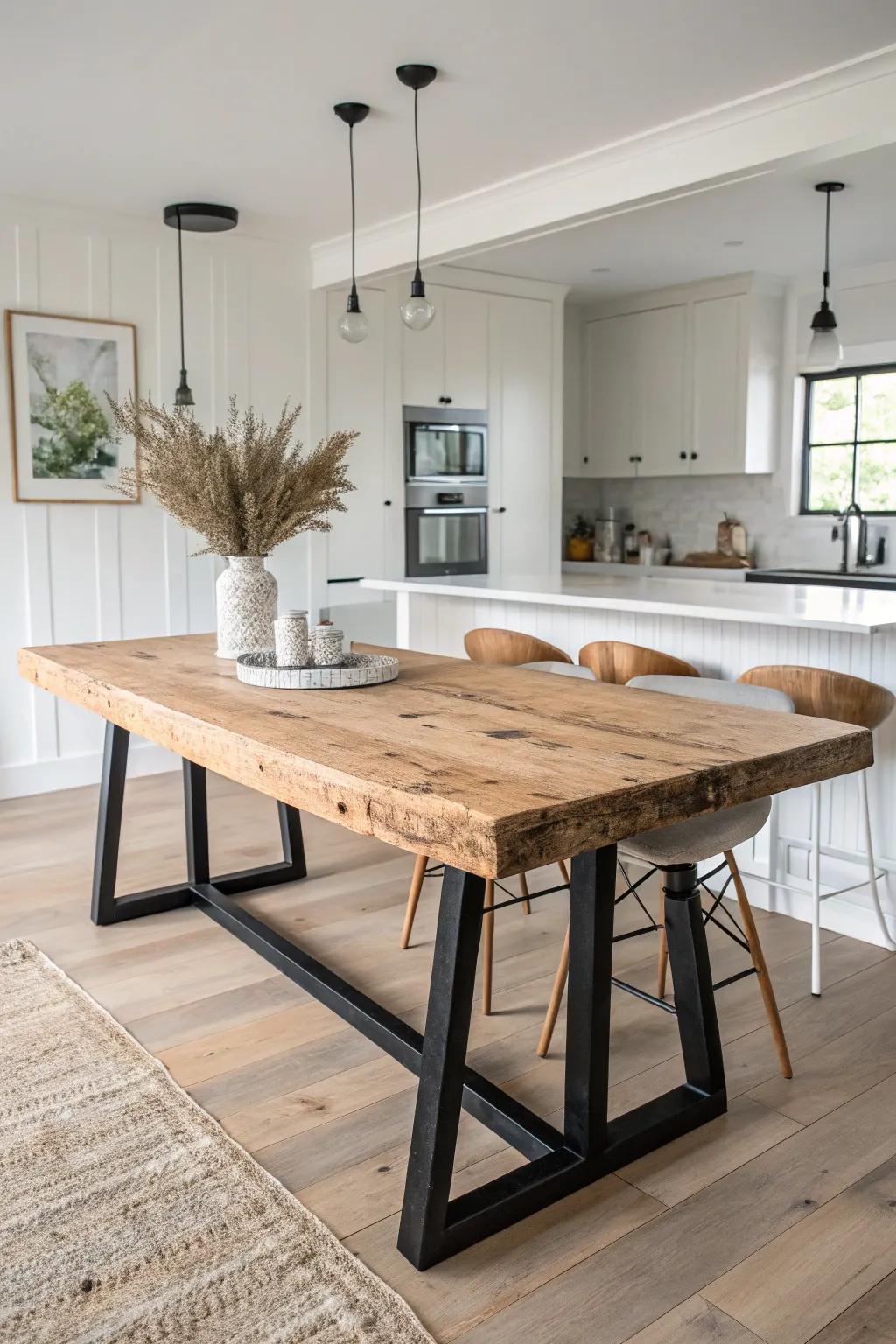 A reclaimed-wood kitchen island that doubles as a cozy dining spot in a small barn home.