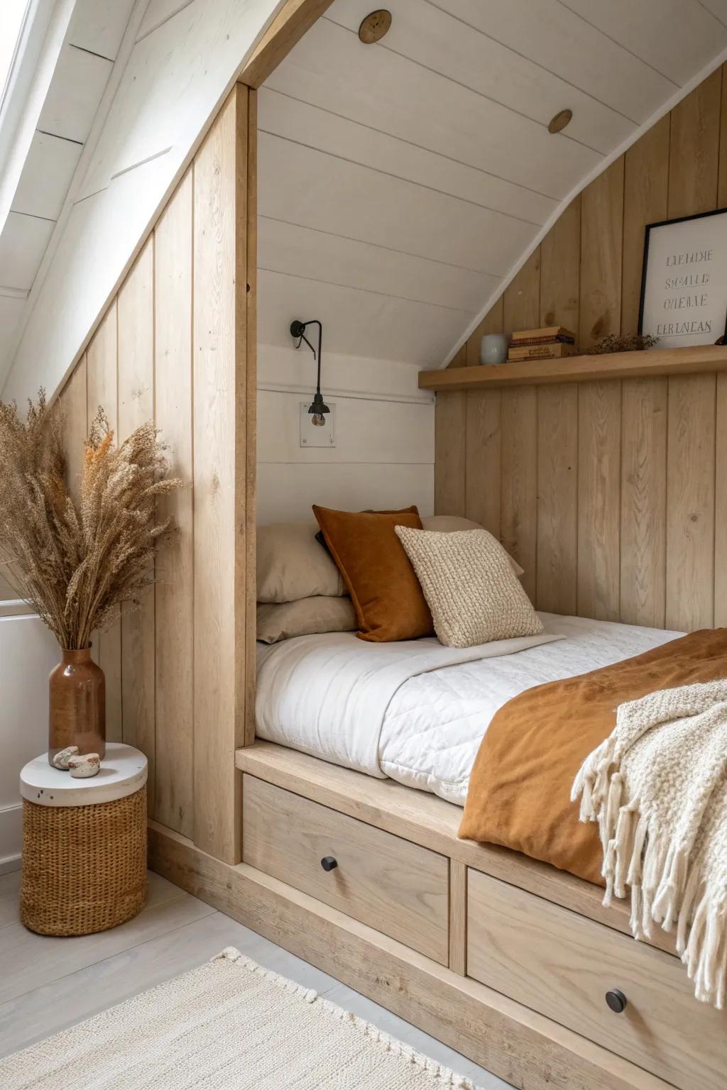 A cozy half-wall nook adds privacy in a small barn loft—airy, bright, and beautifully crafted.