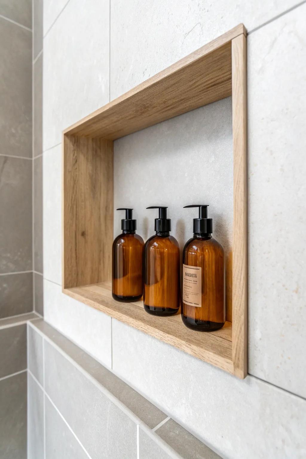 A sleek in-shower wall niche keeps bottles tidy—finished with warm wood-look trim.