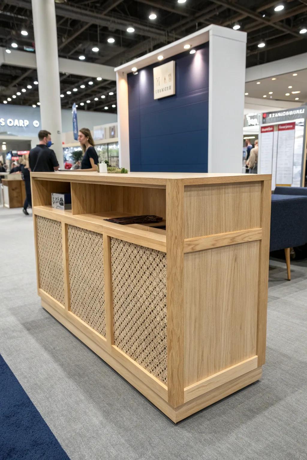 Two-zone mini booth: hello counter up front plus a side perch for longer buyer chats.