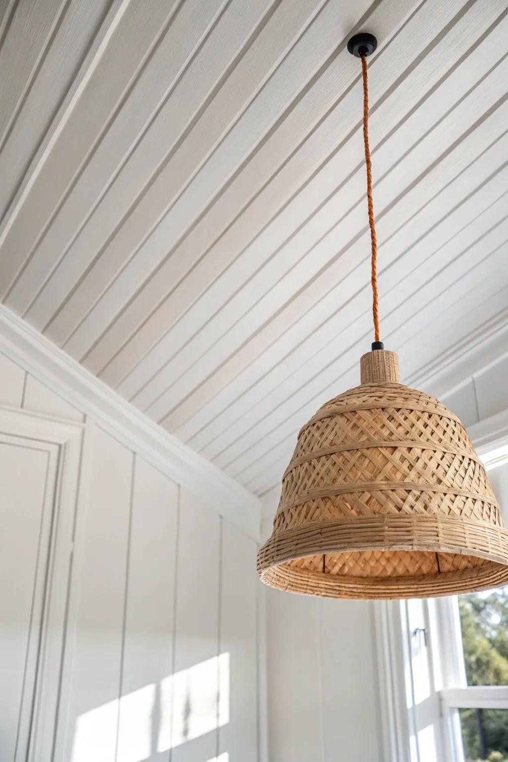 Beadboard ceiling + simple trim = instant character—small breezeway, big handcrafted charm.
