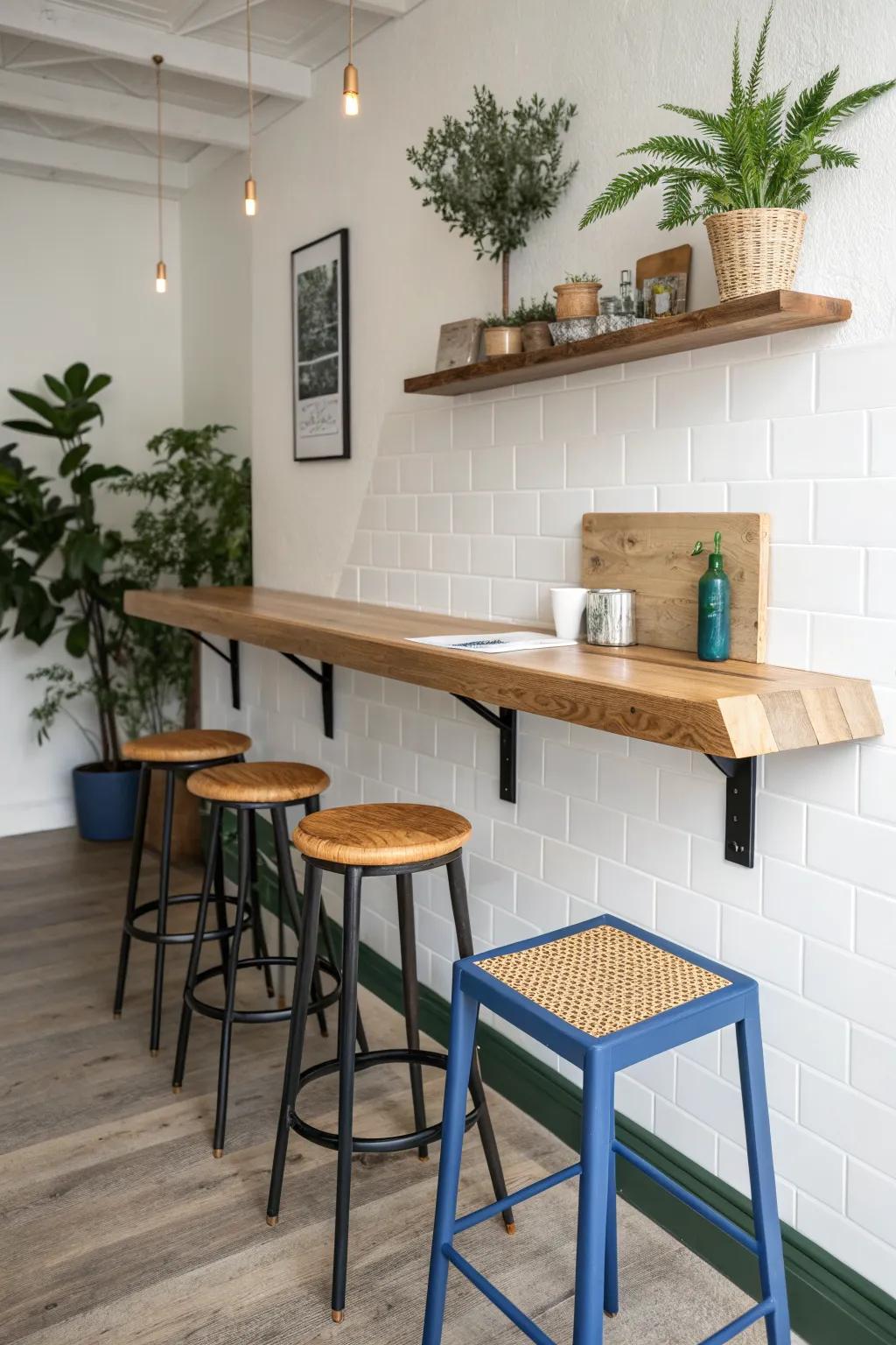 Short wall bar + mixed refinished stools—collected charm that saves space in a tiny café.