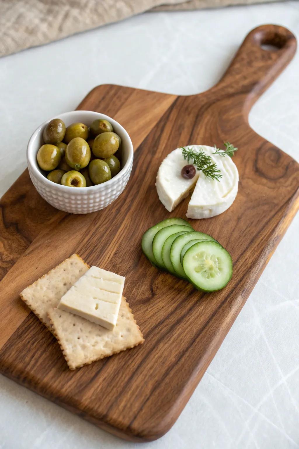 Briny Bites Mini Board: creamy cheeses with crisp pickles & olives on a warm walnut board.